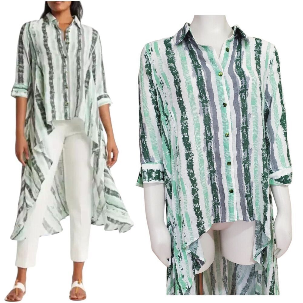 PATRIZIA LUCA MILANO High Low Lagenlook Shirt Dress Size L Green Stripe Duster